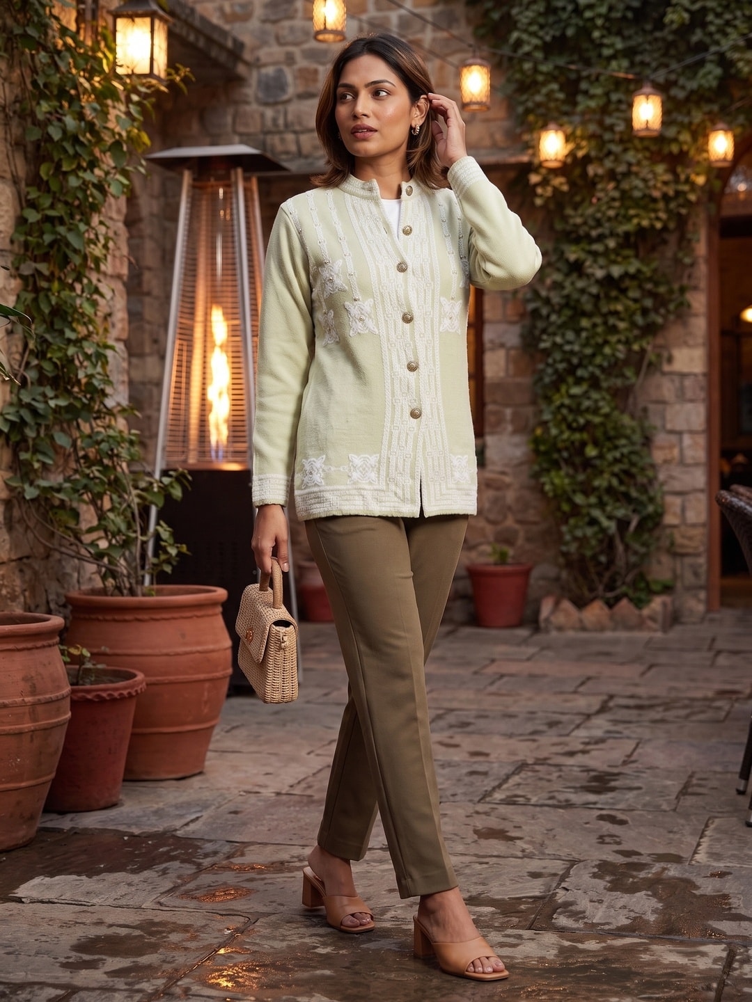 Peachmode Pistachio Green Lace Embroidered Woolen Cardigan - Image 2