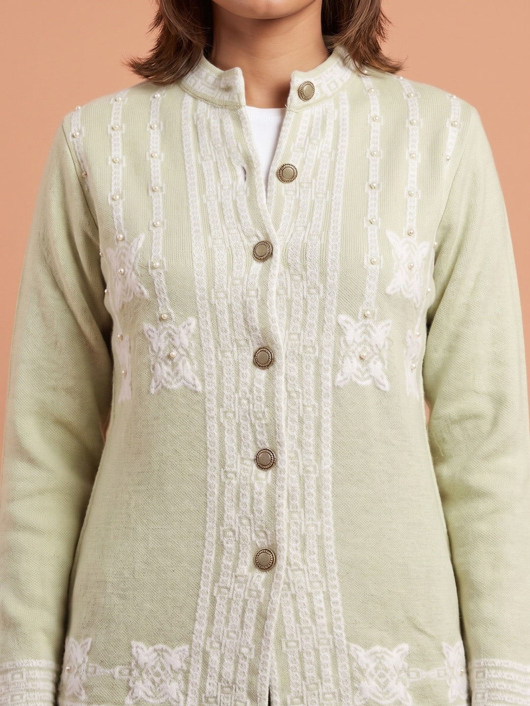 Peachmode Pistachio Green Lace Embroidered Woolen Cardigan - Image 5