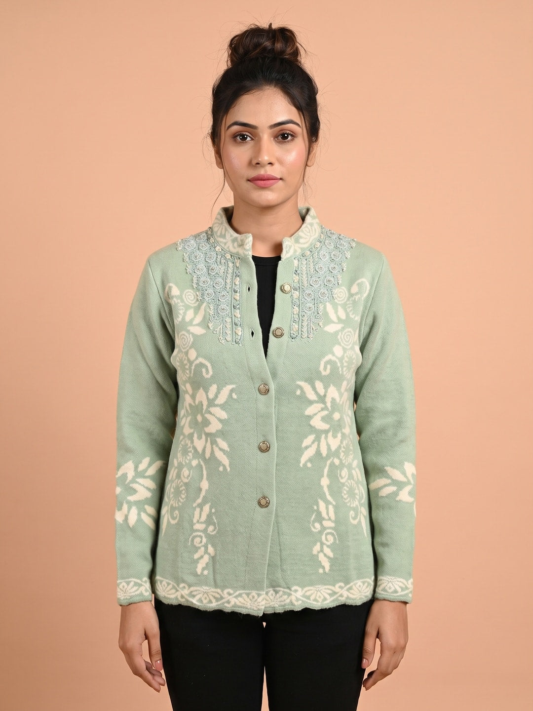 Peachmode Sage Green Floral Jacquard Woolen Cardigan - Image 1