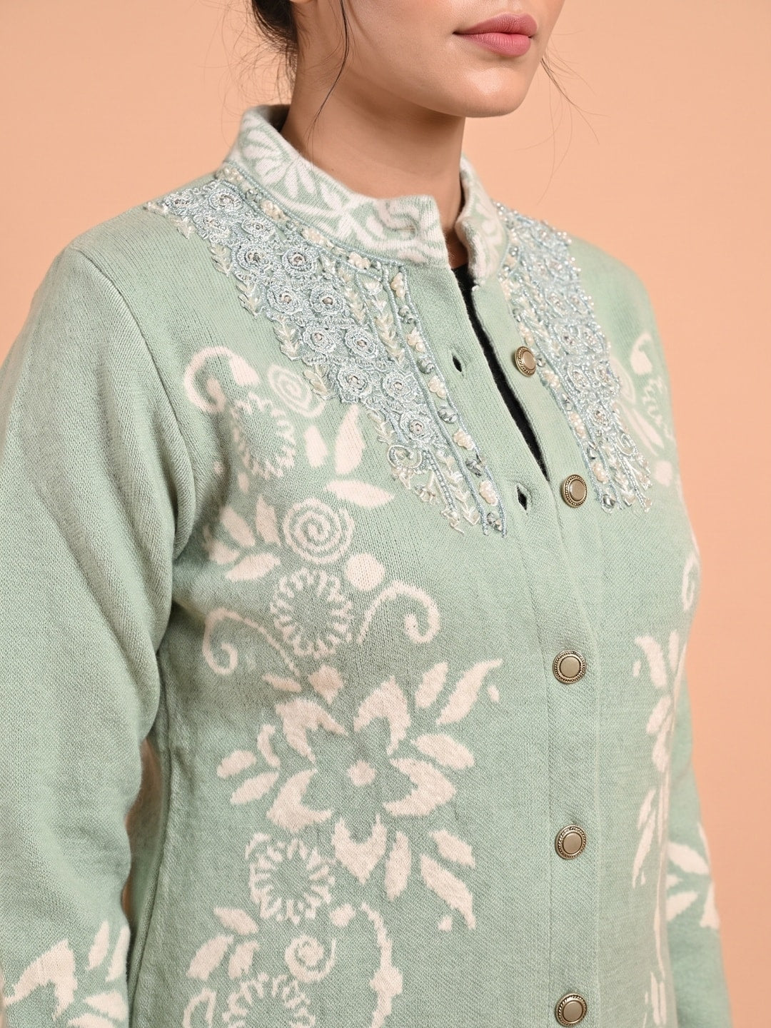 Peachmode Sage Green Floral Jacquard Woolen Cardigan - Image 5
