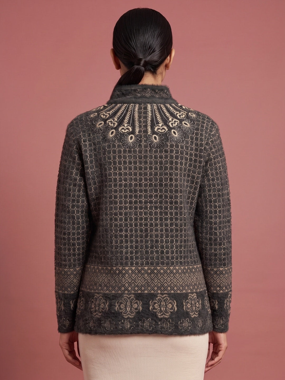 Peachmode Black Lattice Jacquard Woolen Cardigan - Image 4