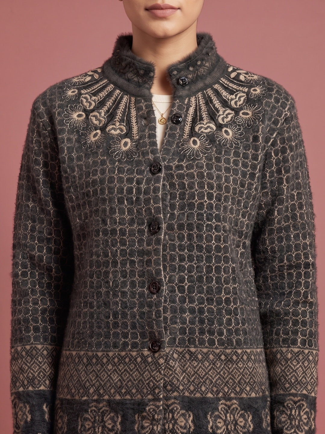 Peachmode Black Lattice Jacquard Woolen Cardigan - Image 5