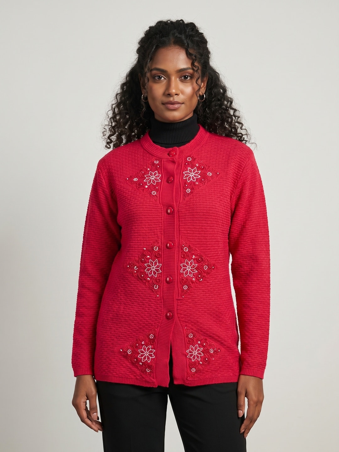 Peachmode Red Sequin Embroidered Woolen Cardigan - Image 1