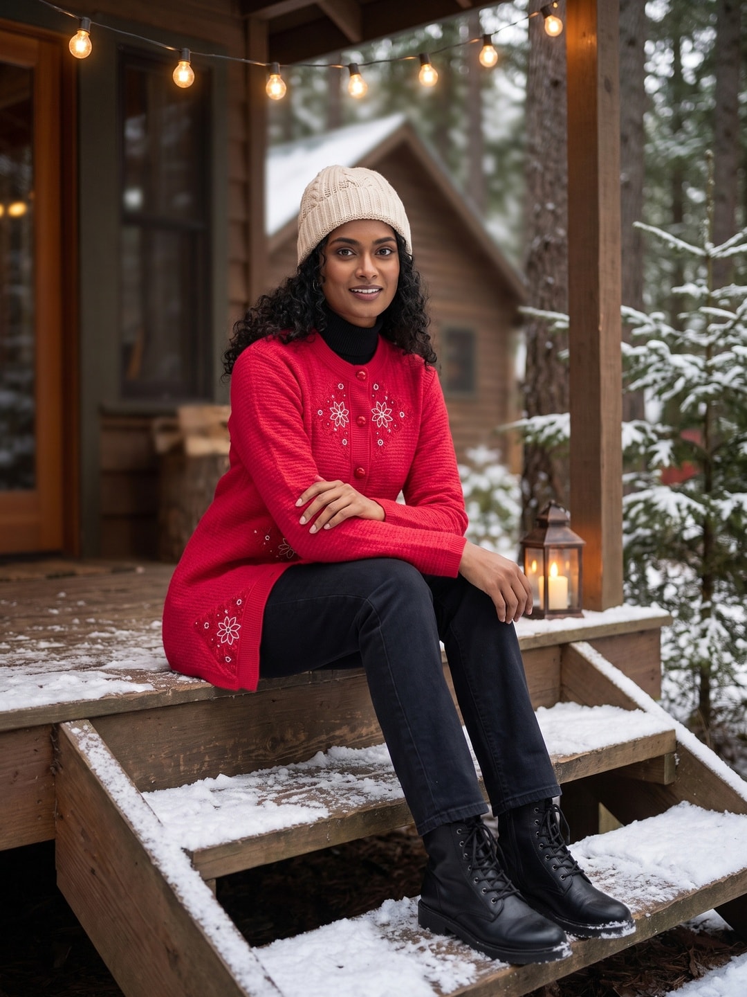 Peachmode Red Sequin Embroidered Woolen Cardigan - Image 2