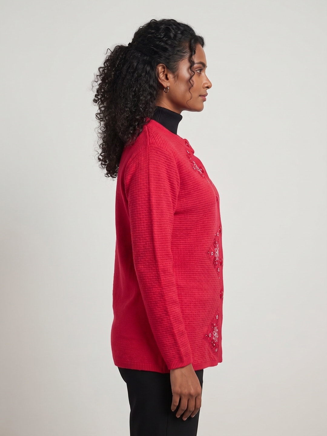 Peachmode Red Sequin Embroidered Woolen Cardigan - Image 3