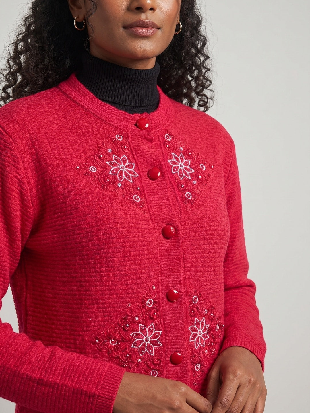 Peachmode Red Sequin Embroidered Woolen Cardigan - Image 5