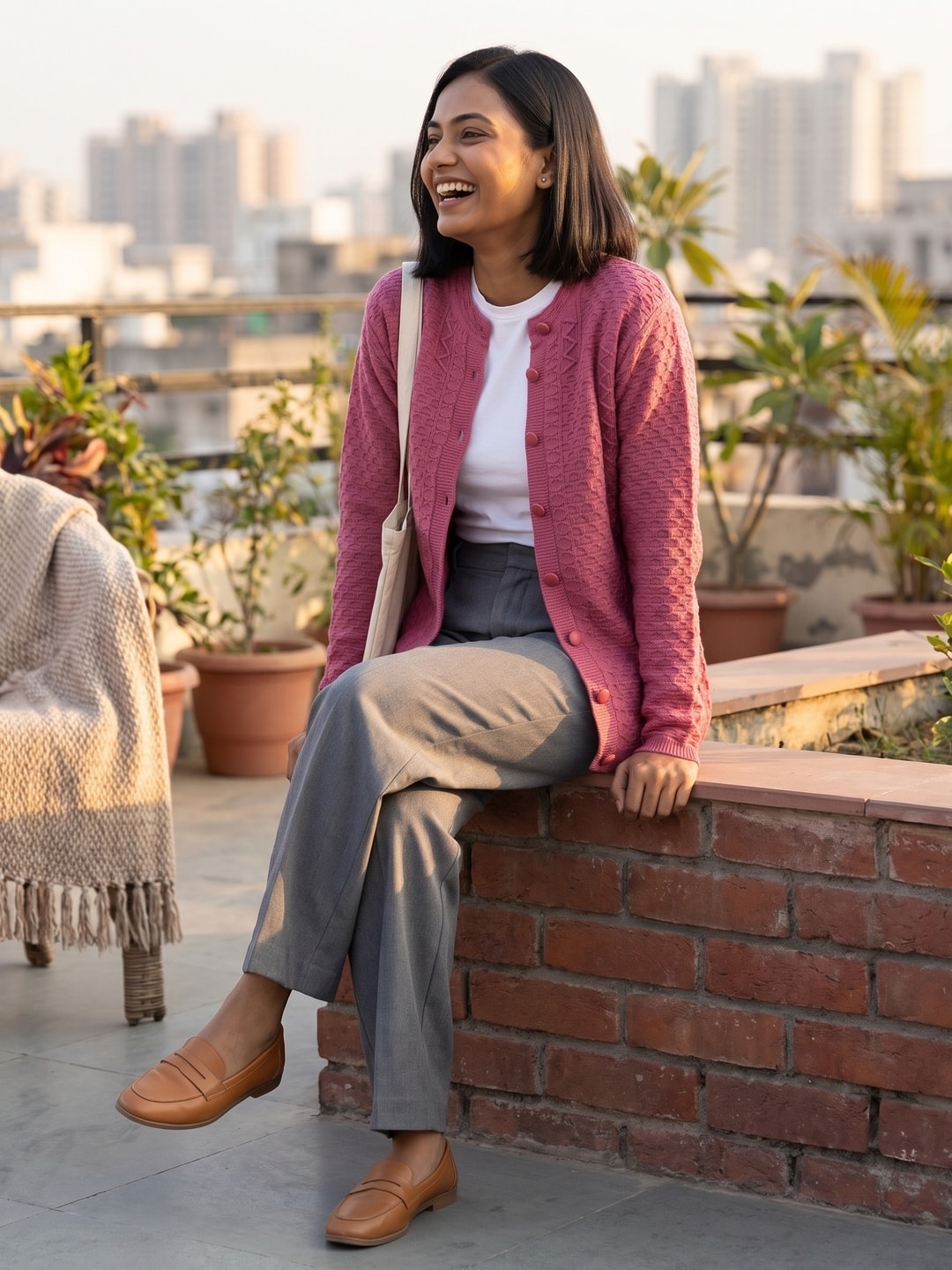 Peachmode Rose Pink Cable Knit Woolen Cardigan - Image 2