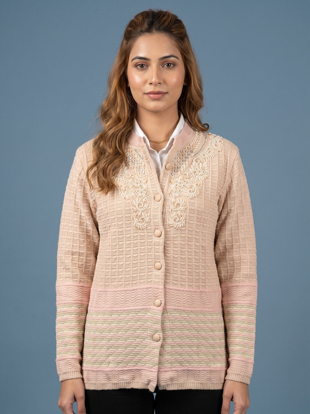 Peachmode Beige Waffle Knit Embroidered Woolen Cardigan - Image 1
