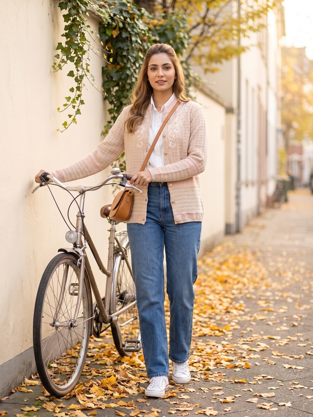 Peachmode Beige Waffle Knit Embroidered Woolen Cardigan - Image 2