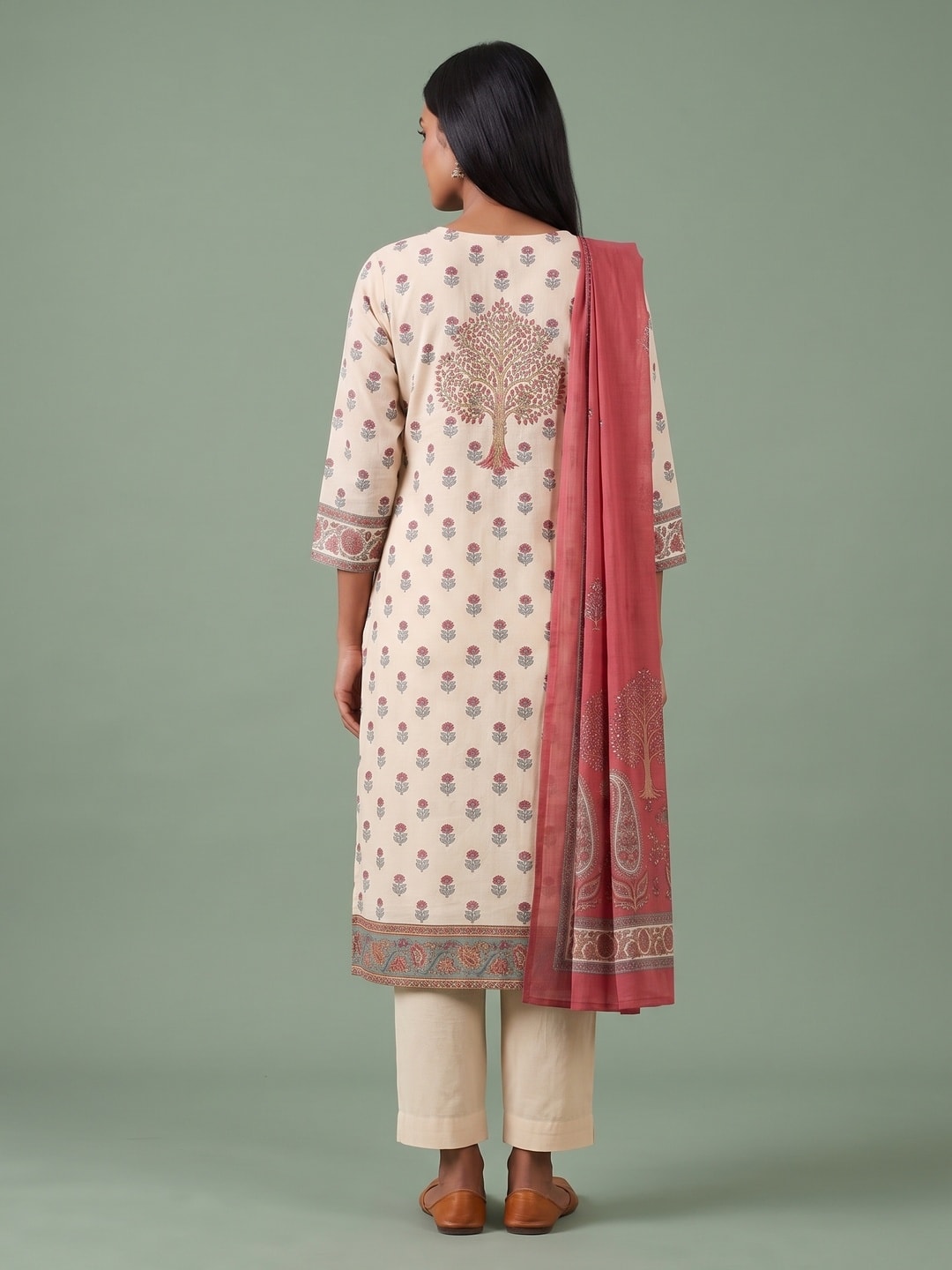 Peachmode Cream Muslin Embroidered Yoke Salwar Suit - Image 4