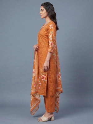 Peachmode Orange Muslin Embroidered Neck Salwar Suit - Image 2
