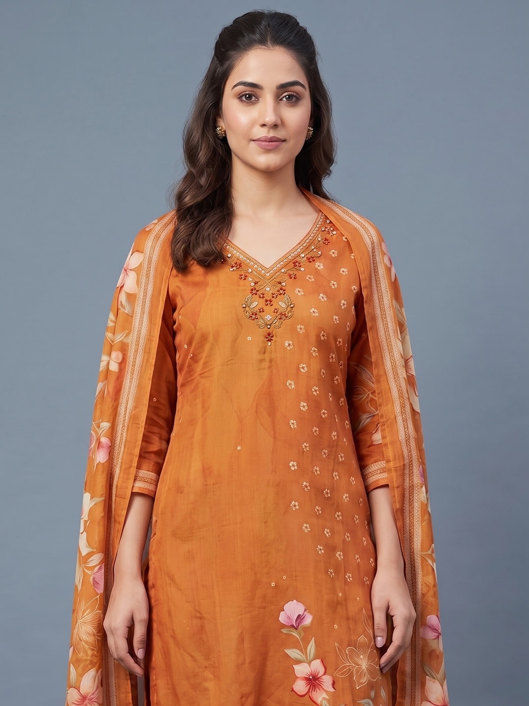 Peachmode Orange Muslin Embroidered Neck Salwar Suit - Image 5