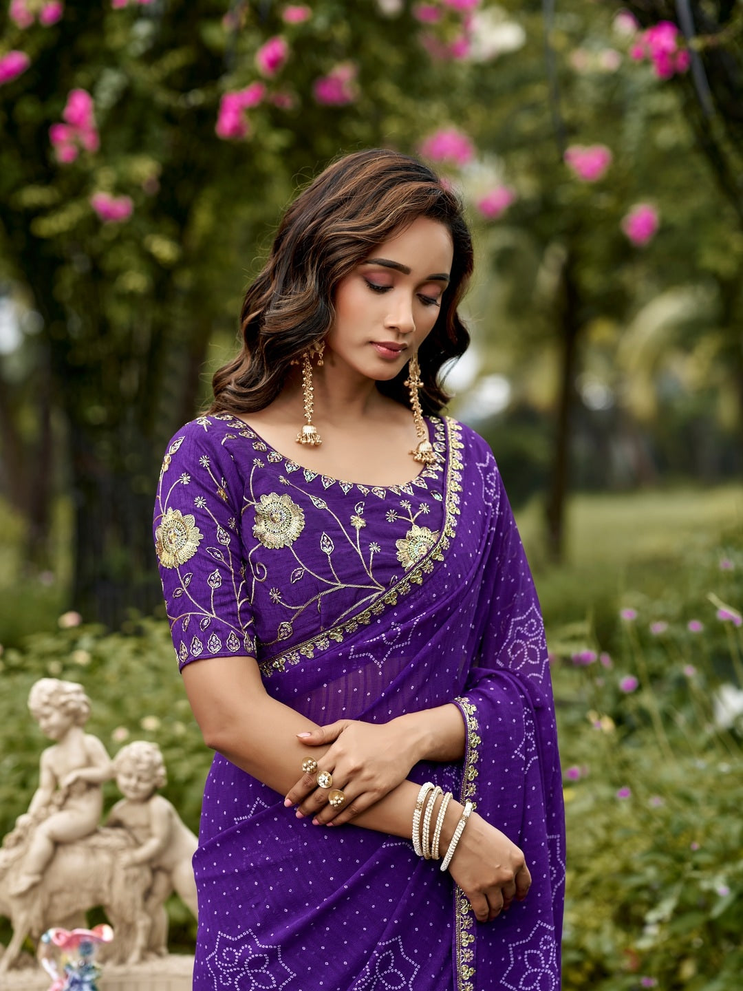 Peachmode Purple Bandhani Printed Georgette Saree With Embroidered Border - Image 3