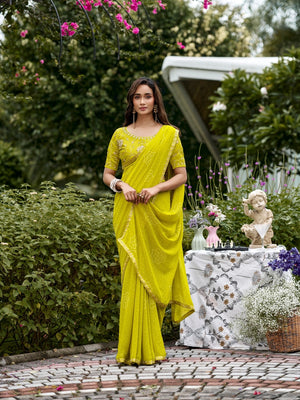 Peachmode Lime Green Bandhani Printed Georgette Saree With Embroidered Border - Image 2