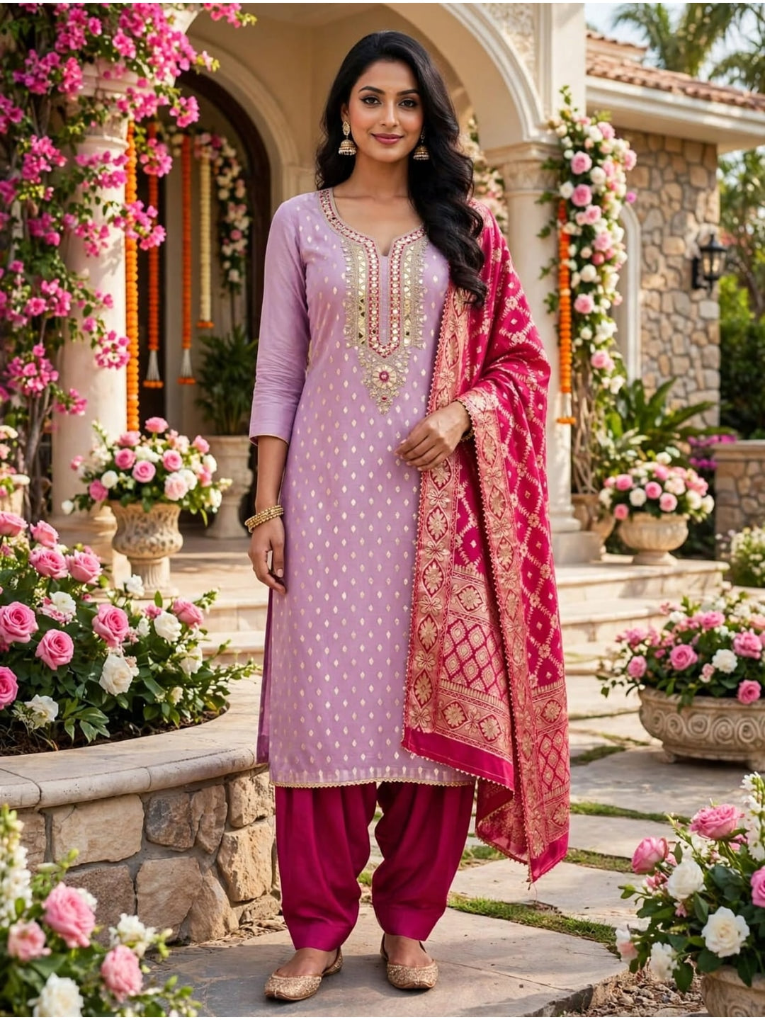 Peachmode Lavender Shimmer Silk Unstitched Dress Material With Sequence Neck Work And Banarasi Jacquard Dupatta - Image 2