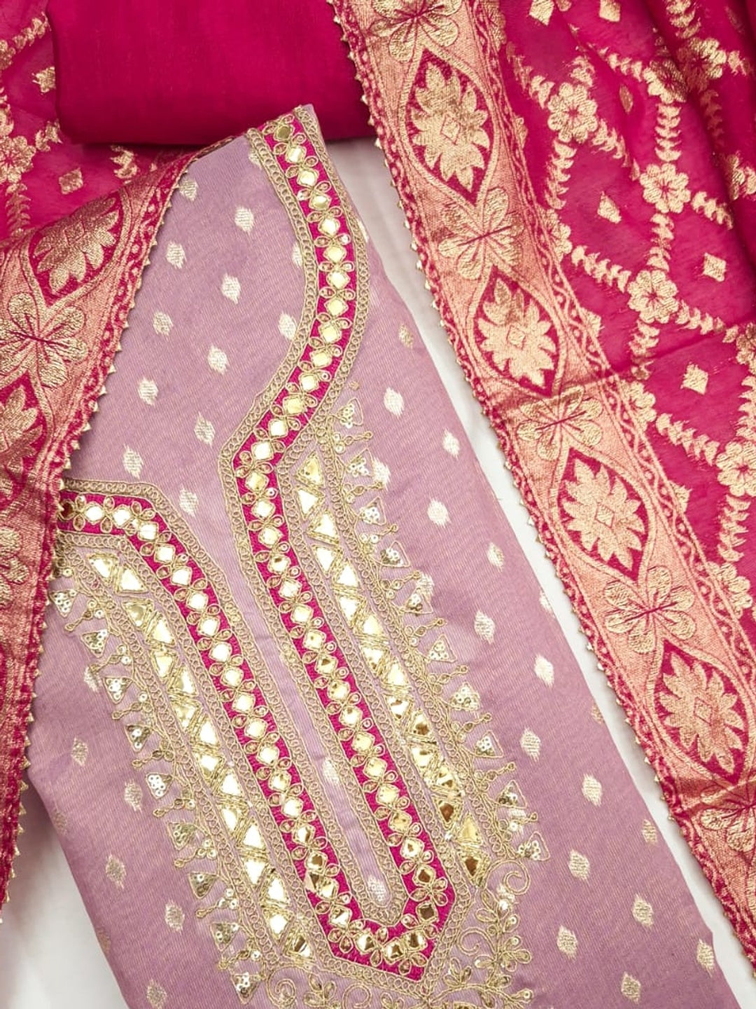 Peachmode Lavender Shimmer Silk Unstitched Dress Material With Sequence Neck Work And Banarasi Jacquard Dupatta - Image 5