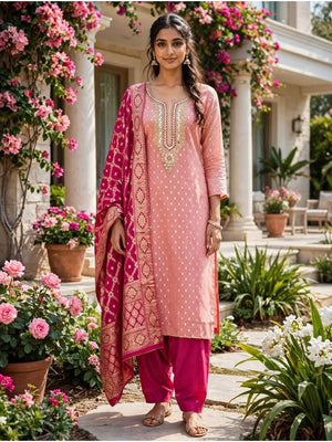 Peachmode Peach Shimmer Silk Unstitched Dress Material With Sequence Neck Work And Banarasi Jacquard Dupatta - Image 2