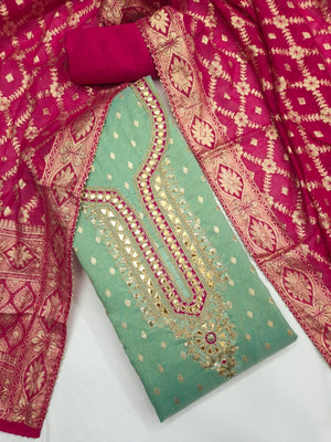 Peachmode Mint Shimmer Silk Unstitched Dress Material With Sequence Neck Work And Banarasi Jacquard Dupatta - Image 1