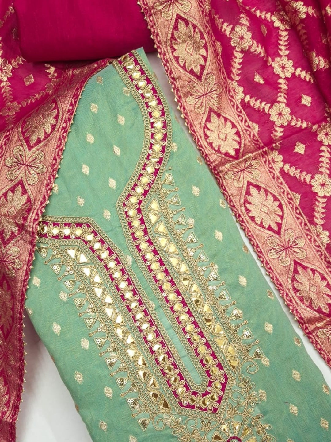 Peachmode Mint Shimmer Silk Unstitched Dress Material With Sequence Neck Work And Banarasi Jacquard Dupatta - Image 5