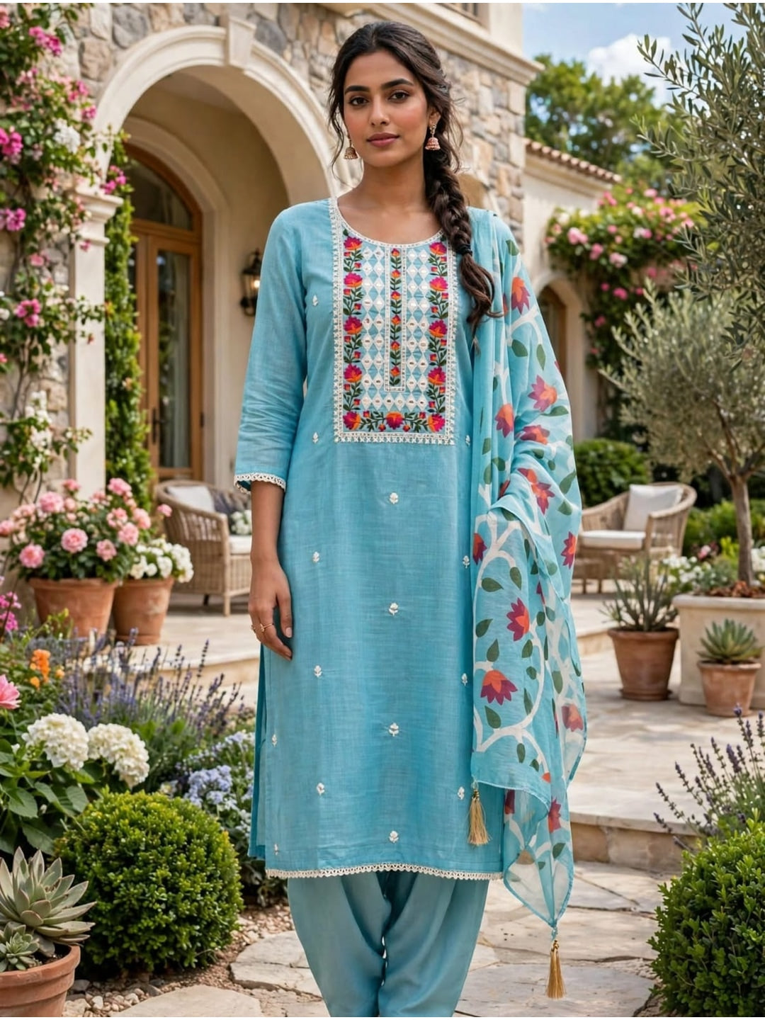Peachmode Sky Blue Jamdani Silk Unstitched Dress Material With Multi Thread Neck Work And Chanderi Digital Print Dupatta - Image 2