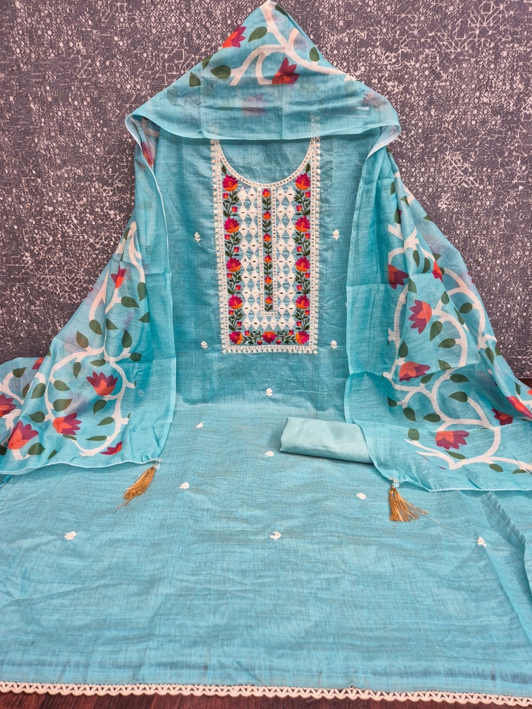 Peachmode Sky Blue Jamdani Silk Unstitched Dress Material With Multi Thread Neck Work And Chanderi Digital Print Dupatta - Image 3