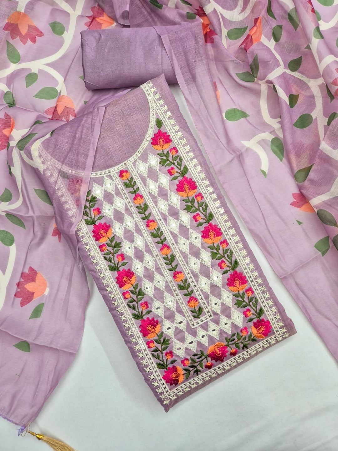 Peachmode Lavender Jamdani Silk Unstitched Dress Material With Multi Thread Neck Work And Chanderi Digital Print Dupatta - Image 1
