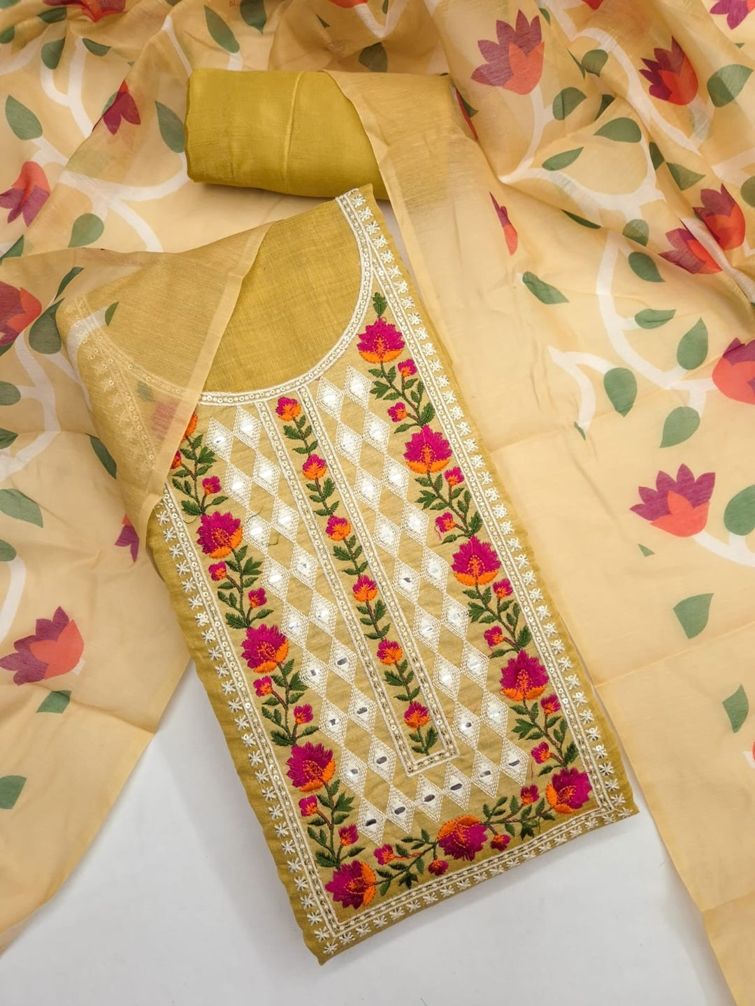Peachmode Mustard Jamdani Silk Unstitched Dress Material With Multi Thread Neck Work And Chanderi Digital Print Dupatta - Image 1