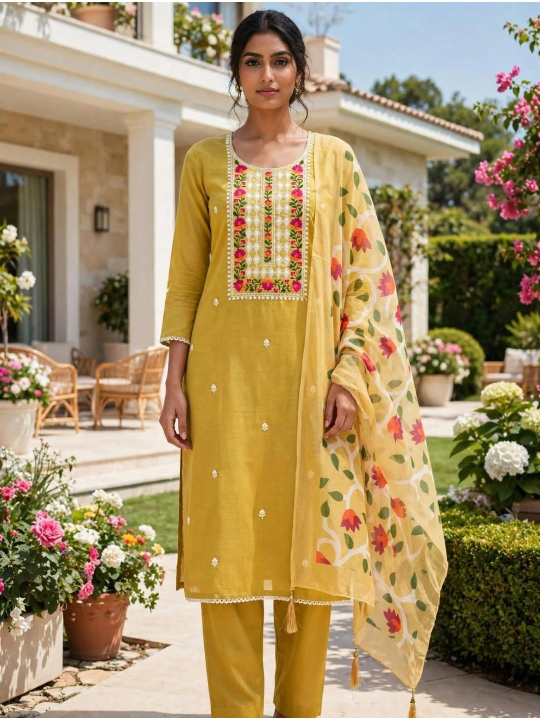 Peachmode Mustard Jamdani Silk Unstitched Dress Material With Multi Thread Neck Work And Chanderi Digital Print Dupatta - Image 2