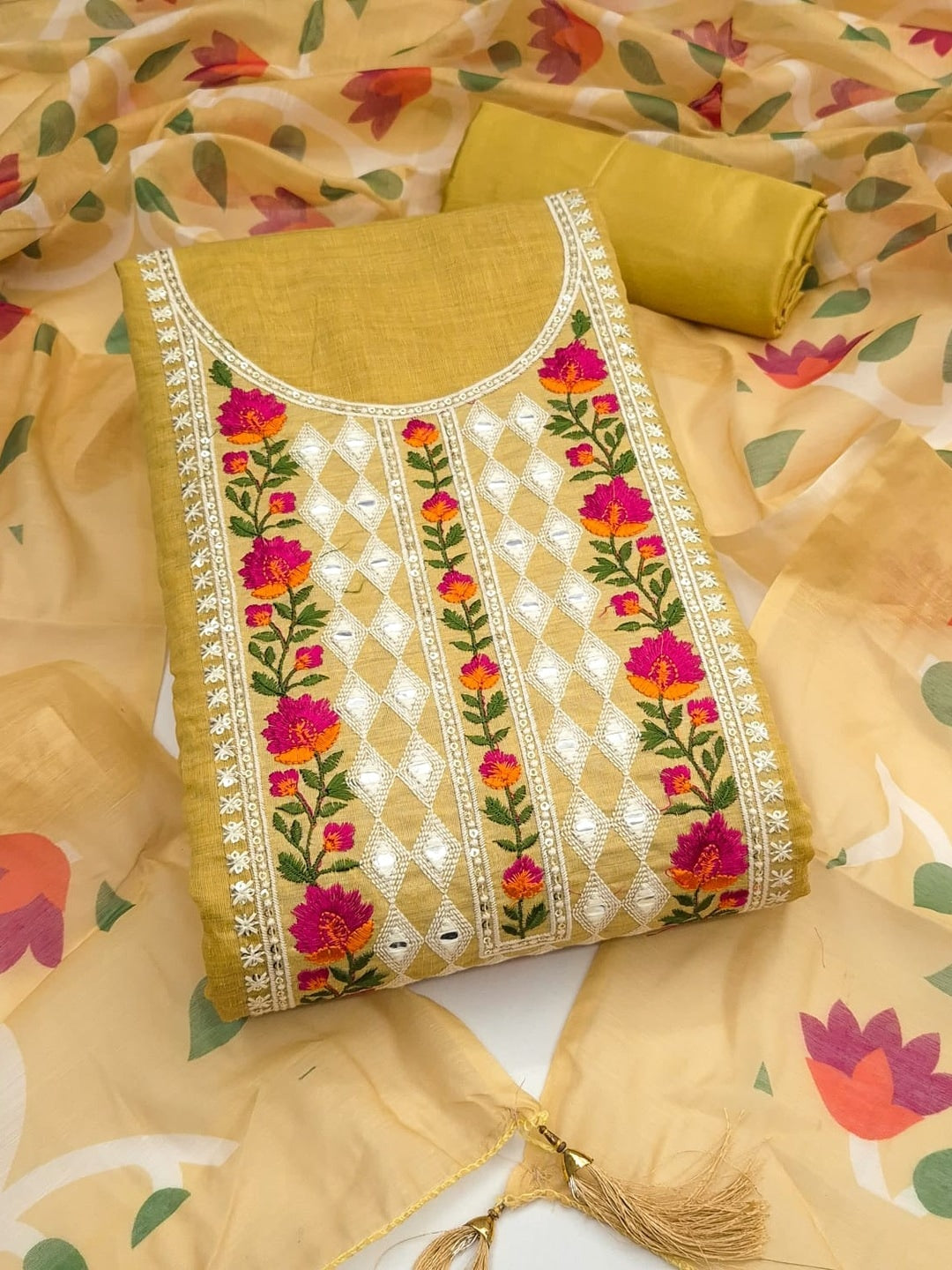 Peachmode Mustard Jamdani Silk Unstitched Dress Material With Multi Thread Neck Work And Chanderi Digital Print Dupatta - Image 4