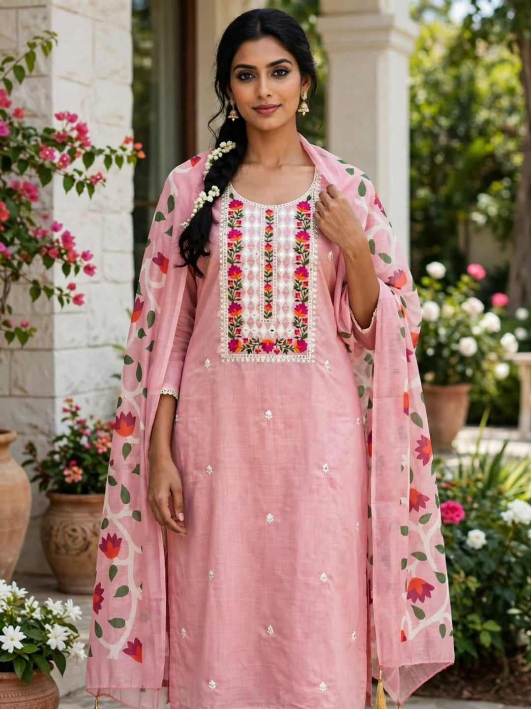 Peachmode Pink Jamdani Silk Unstitched Dress Material With Multi Thread Neck Work And Chanderi Digital Print Dupatta - Image 2