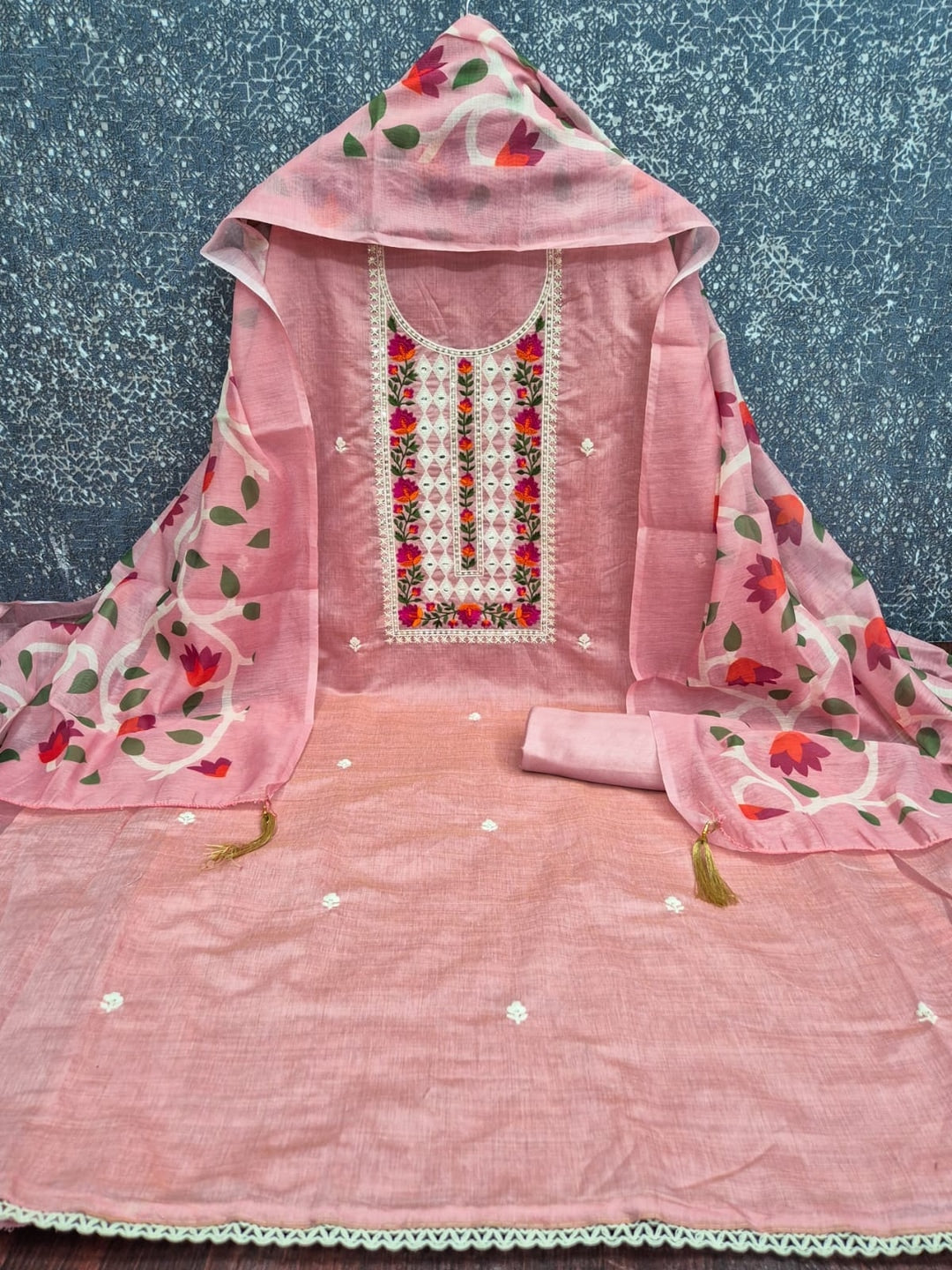 Peachmode Pink Jamdani Silk Unstitched Dress Material With Multi Thread Neck Work And Chanderi Digital Print Dupatta - Image 3