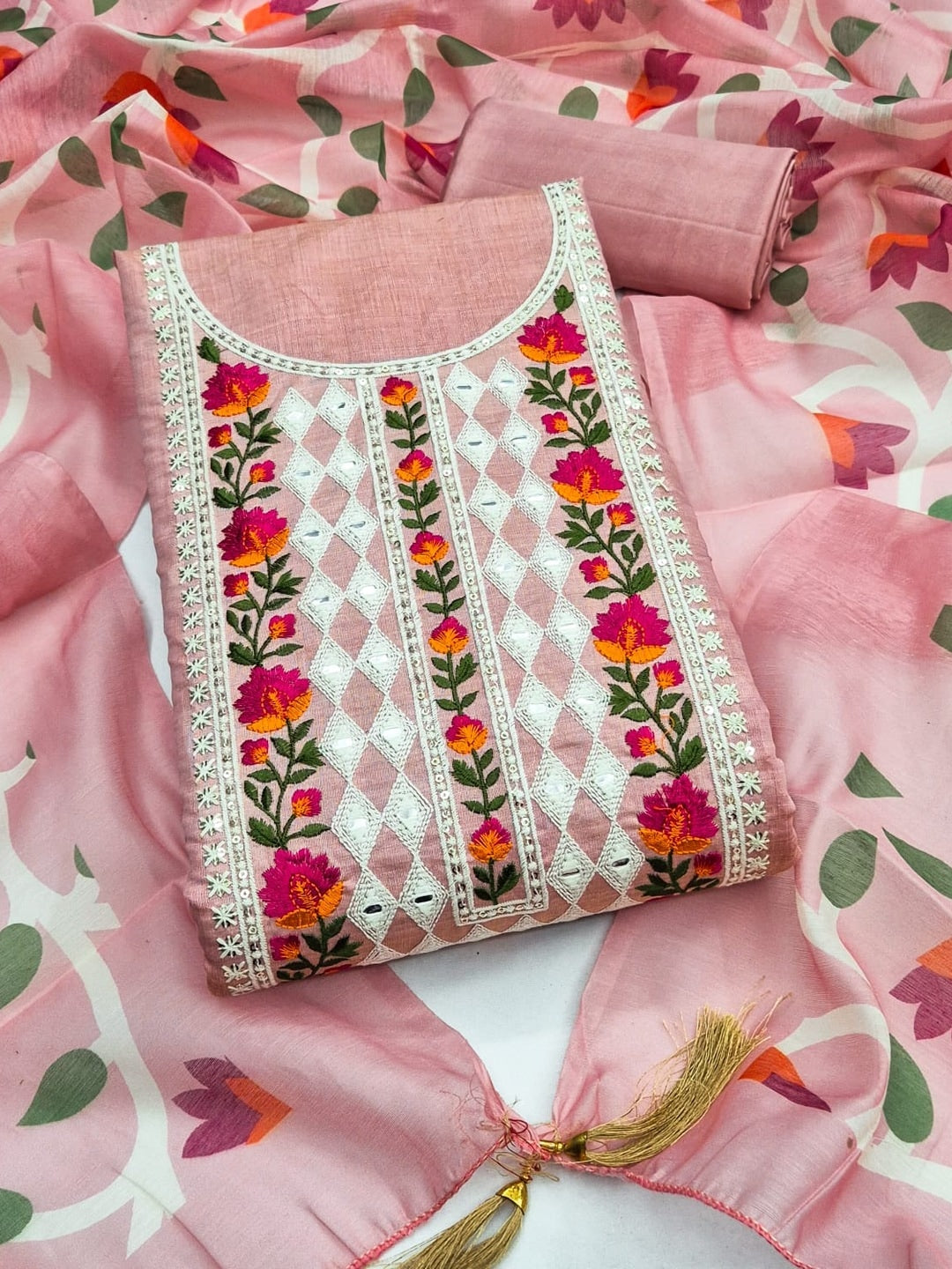 Peachmode Pink Jamdani Silk Unstitched Dress Material With Multi Thread Neck Work And Chanderi Digital Print Dupatta - Image 4