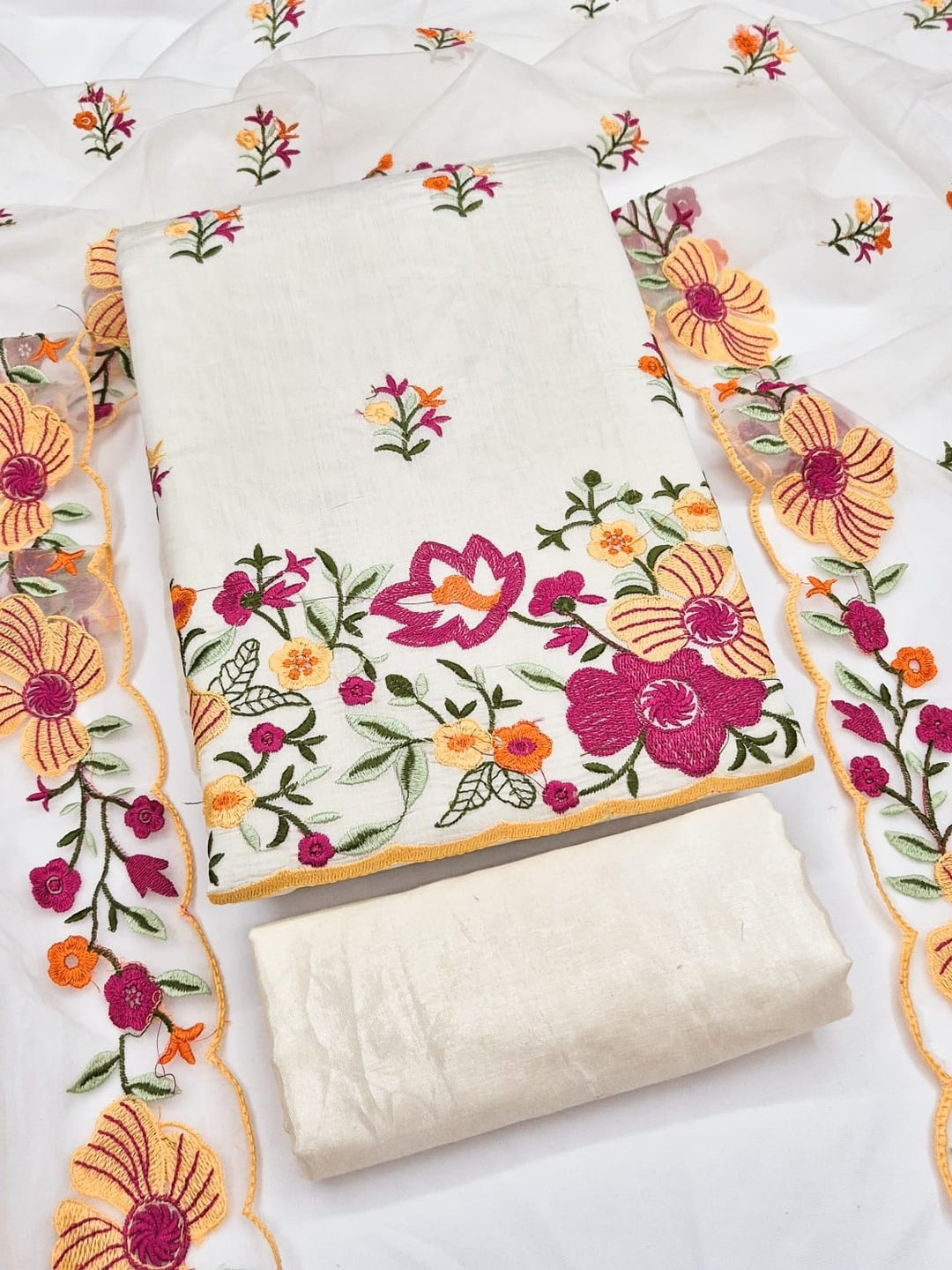 Peachmode White Roman Silk Unstitched Dress Material With Multi Thread Work And Organza Dupatta - Image 5