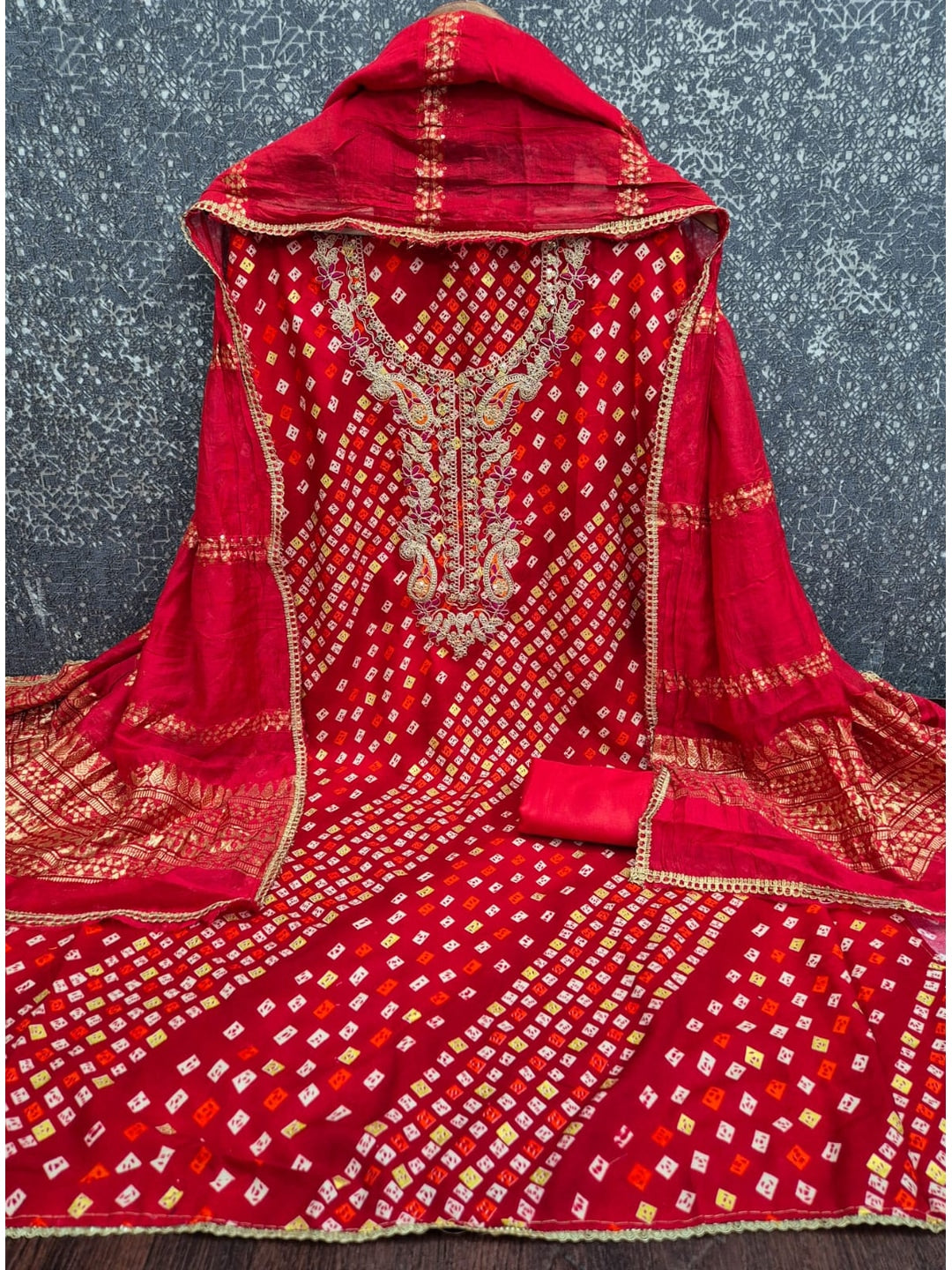 Peachmode Red Rayon Bandhani Print Unstitched Dress Material With Zari Neck Embroidery - Image 5
