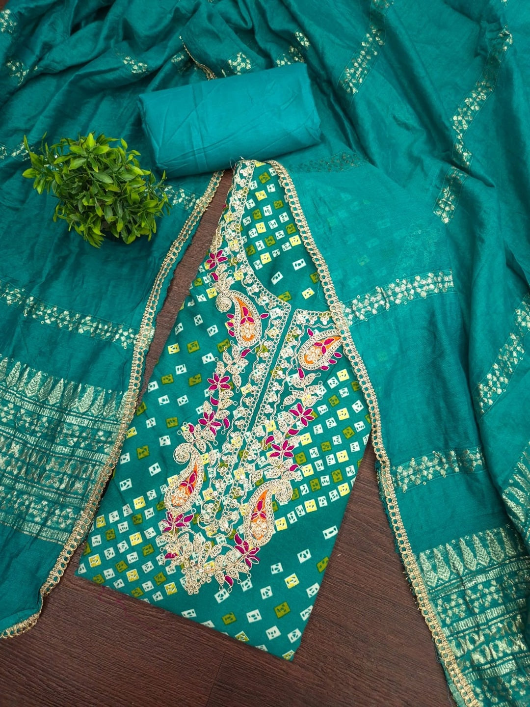 Peachmode Teal Rayon Bandhani Print Unstitched Dress Material With Zari Neck Embroidery - Image 1