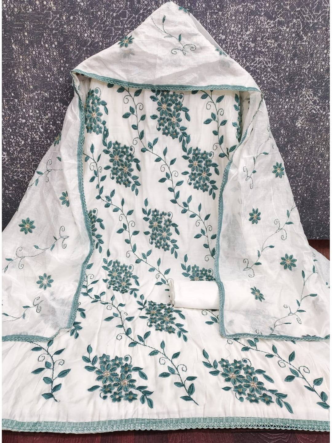 Peachmode Teal Roman Silk Unstitched Dress Material With Contrast Floral Vine Embroidery - Image 5