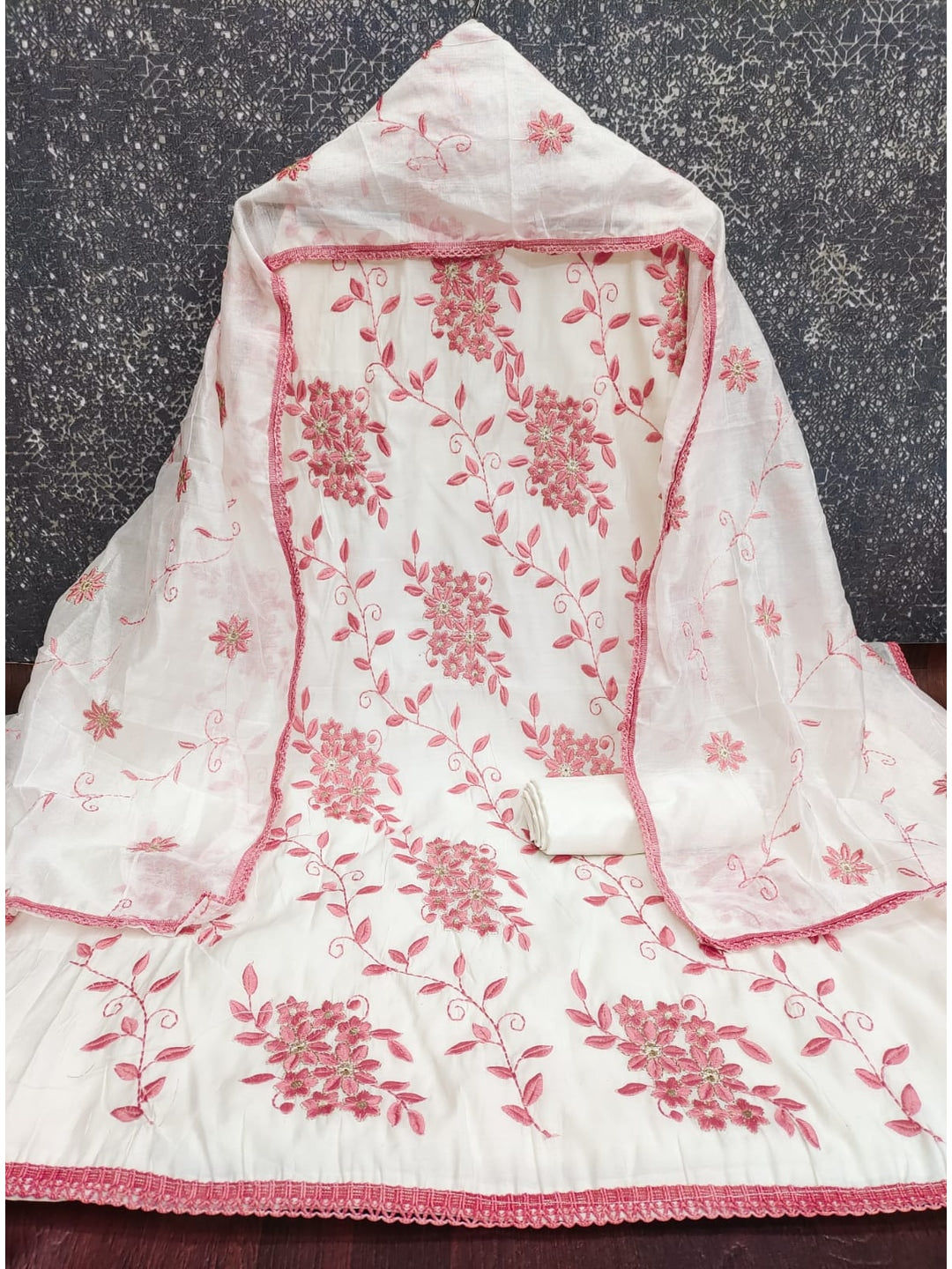 Peachmode Pink Roman Silk Unstitched Dress Material With Contrast Floral Vine Embroidery - Image 5