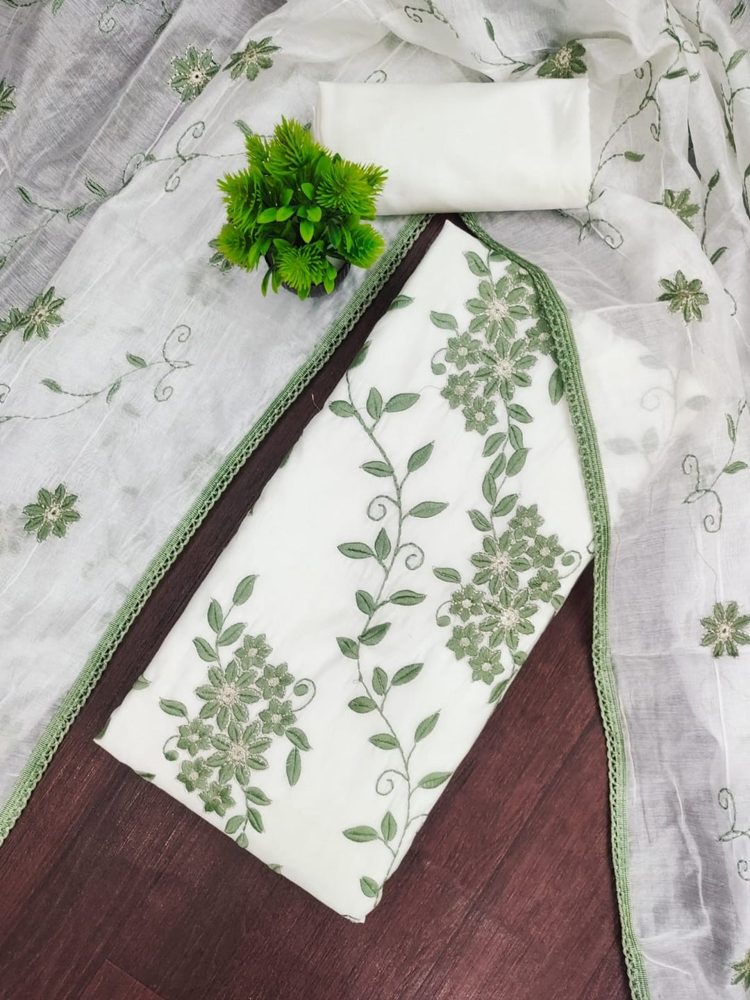 Peachmode Sage Roman Silk Unstitched Dress Material With Contrast Floral Vine Embroidery - Image 1