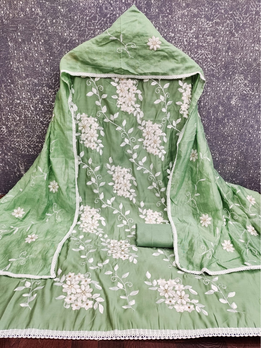Peachmode Green Roman Silk Unstitched Dress Material With White Floral Vine Embroidery - Image 5