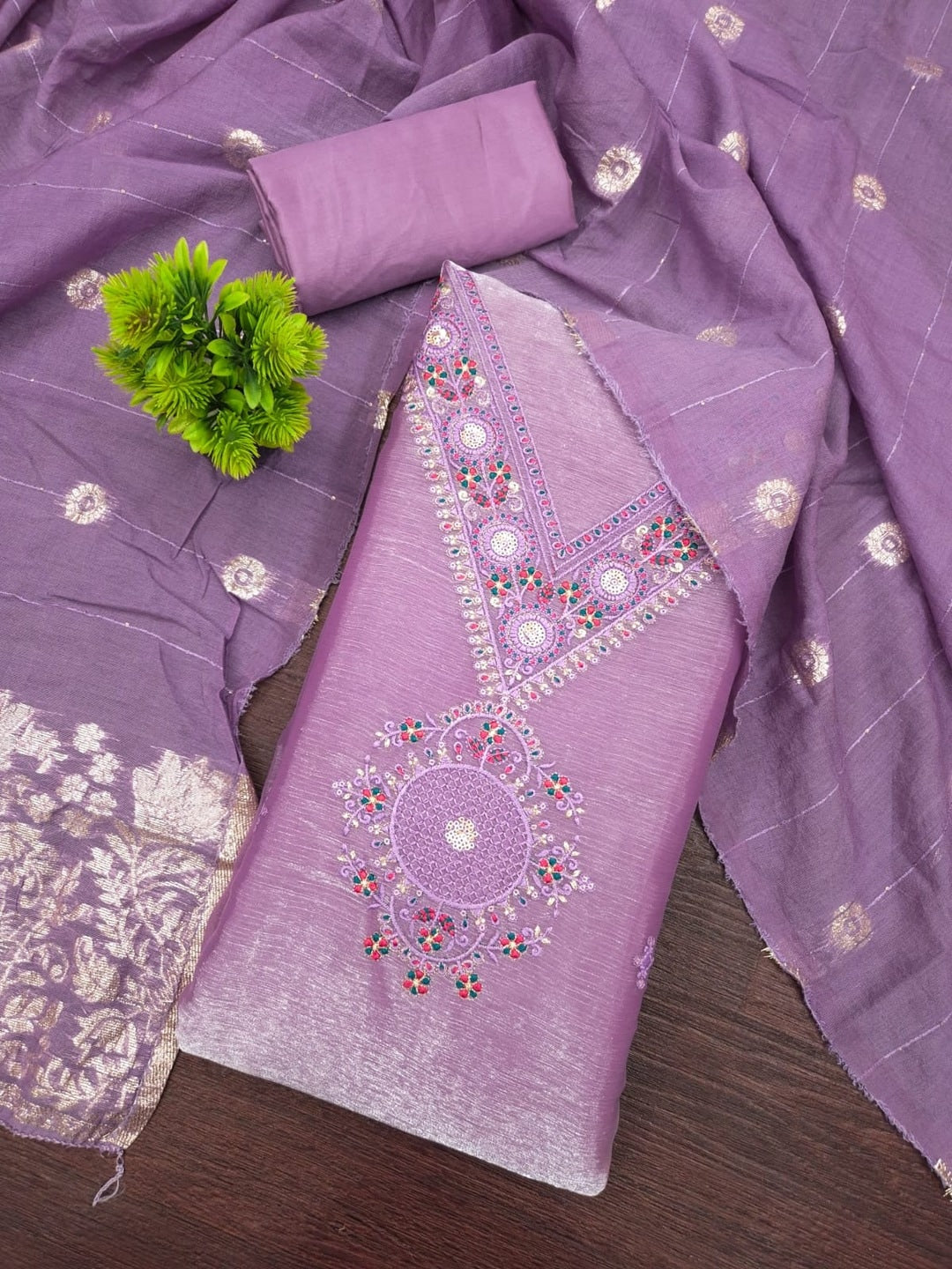Peachmode Lavender Barbari Silk Unstitched Dress Material With V-Neck Floral Thread Embroidery - Image 1