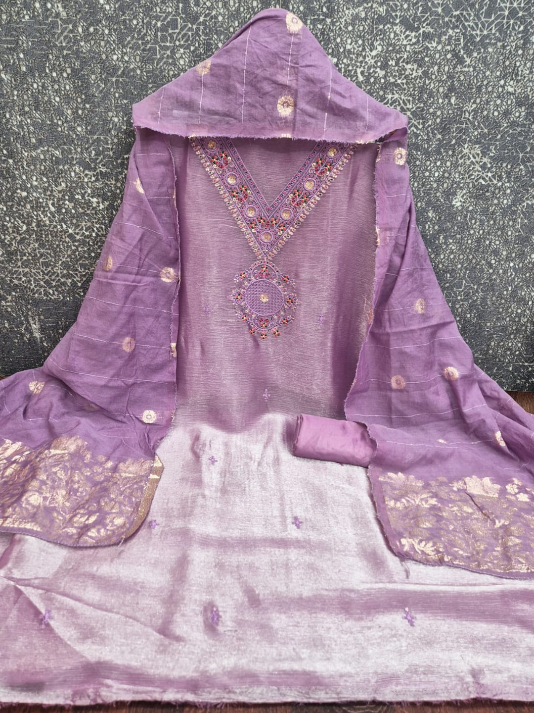Peachmode Lavender Barbari Silk Unstitched Dress Material With V-Neck Floral Thread Embroidery - Image 4