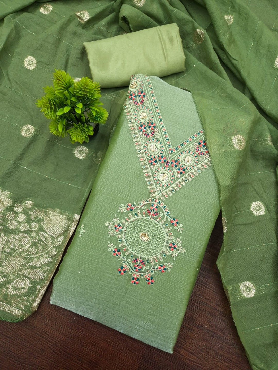 Peachmode Green Barbari Silk Unstitched Dress Material With V-Neck Floral Thread Embroidery - Image 1