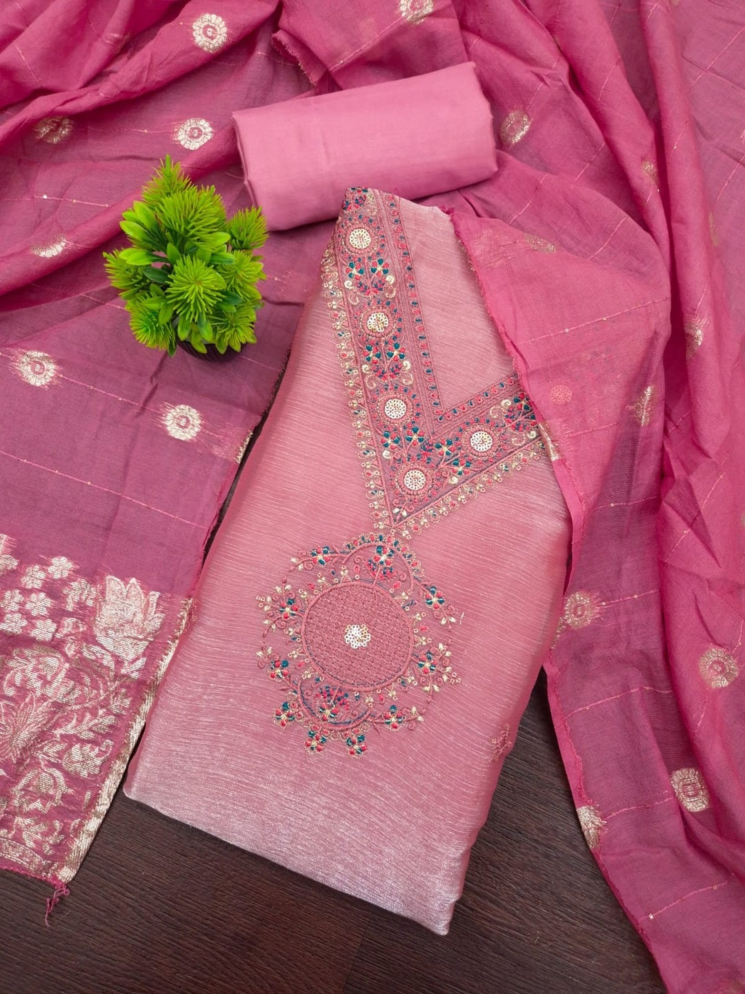 Peachmode Pink Barbari Silk Unstitched Dress Material With V-Neck Floral Thread Embroidery - Image 1