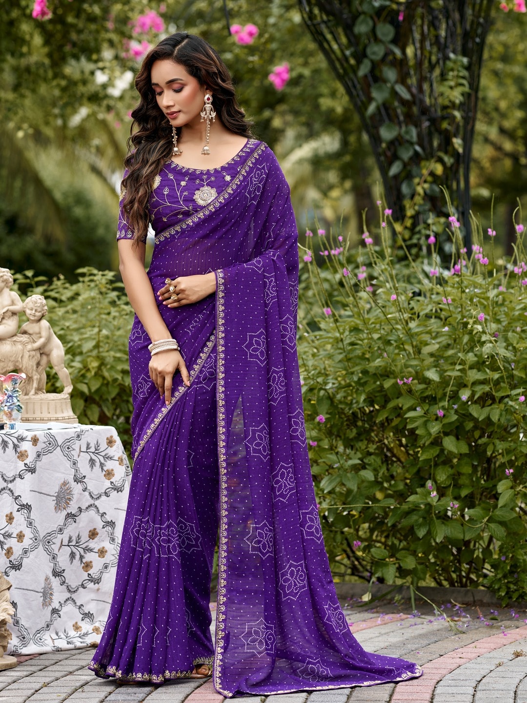 Peachmode Purple Bandhani Printed Georgette Saree With Embroidered Border - Image 1