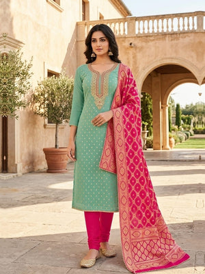 Peachmode Mint Shimmer Silk Unstitched Dress Material With Sequence Neck Work And Banarasi Jacquard Dupatta - Image 2