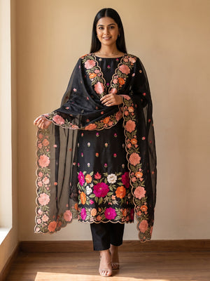 Peachmode Black Roman Silk Unstitched Dress Material With Multi Thread Work And Organza Dupatta - Image 2