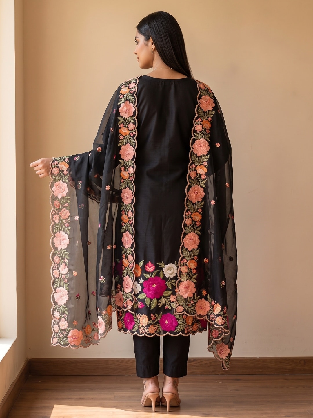 Peachmode Black Roman Silk Unstitched Dress Material With Multi Thread Work And Organza Dupatta - Image 3