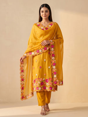Peachmode Mustard Roman Silk Unstitched Dress Material With Multi Thread Work And Organza Dupatta - Image 2