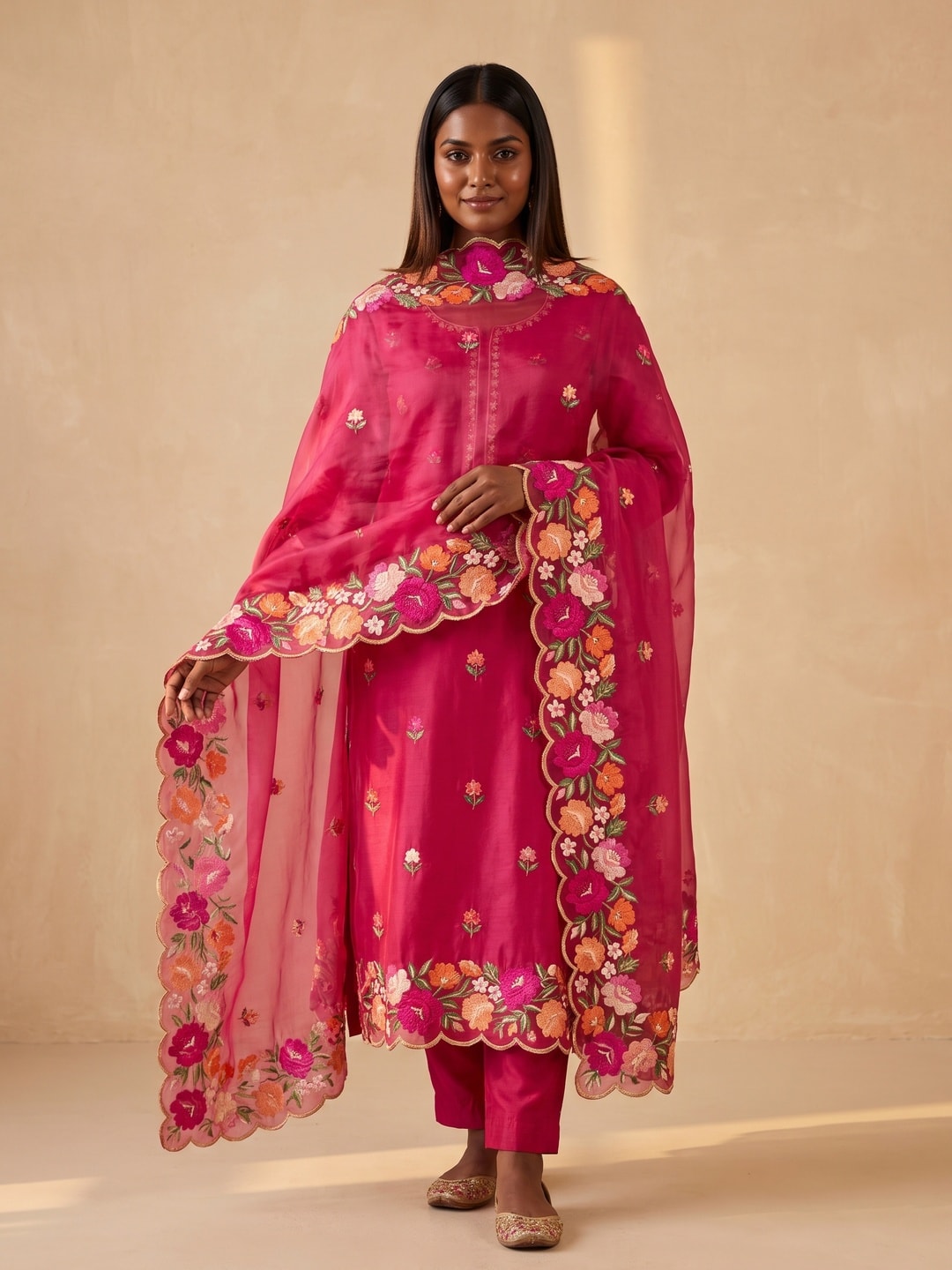 Peachmode Pink Roman Silk Unstitched Dress Material With Multi Thread Work And Organza Dupatta - Image 2