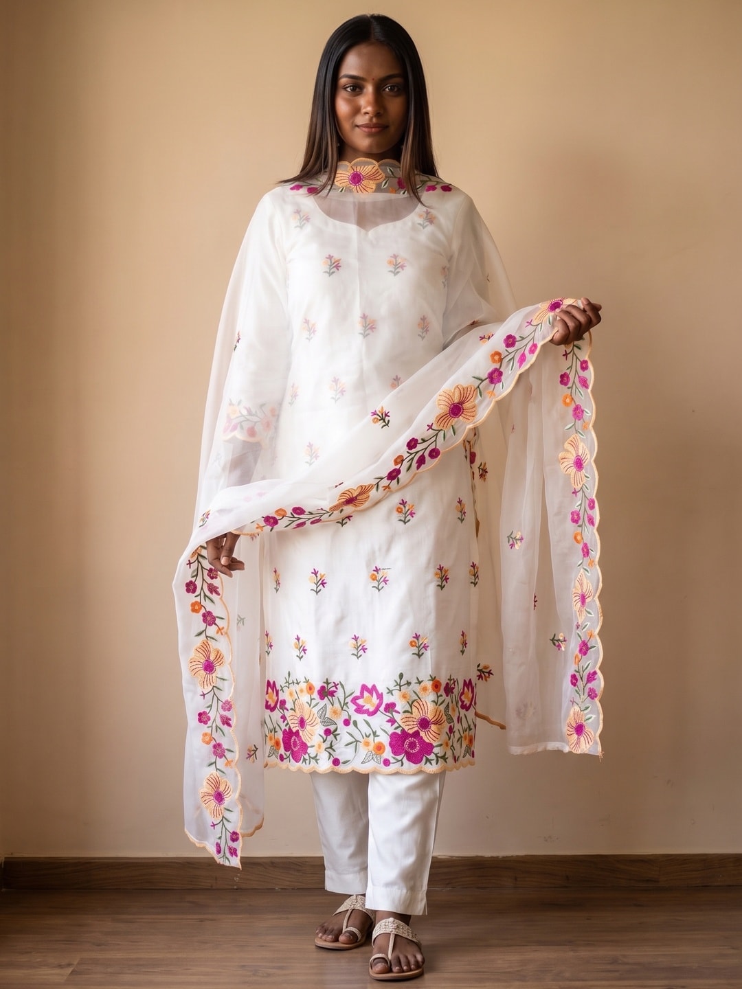 Peachmode White Roman Silk Unstitched Dress Material With Multi Thread Work And Organza Dupatta - Image 2